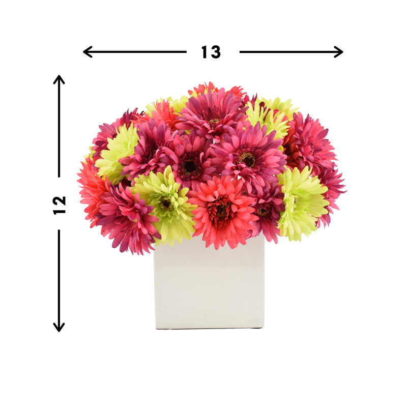 Arrangement de marguerites dans un pot blanc, Rose / Jaune