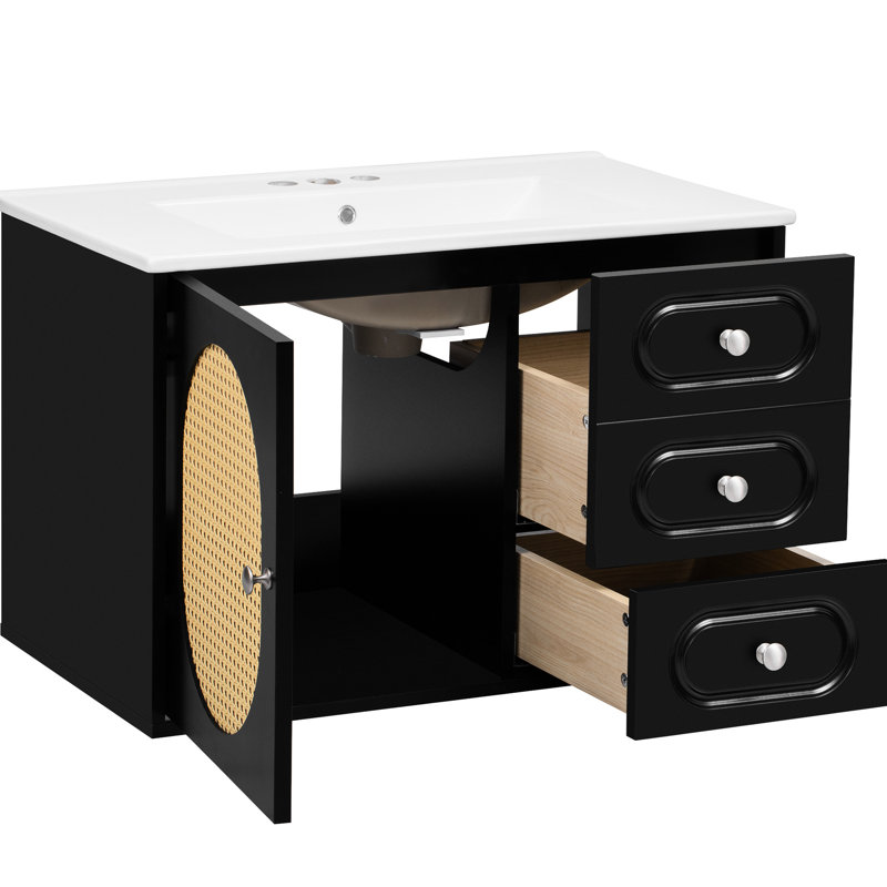 Meuble-lavabo avec détails, lavabo en céramique, compartiments bien organisés, armoire moderne à fermeture en douceur de 30 po, deux tiroirs, grand espace de rangement, charnières