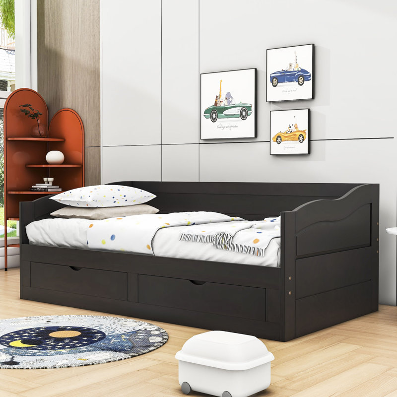 Dyuti Twin Size Wooden Daybed with Trundle and Two Storage Drawers, Espresso