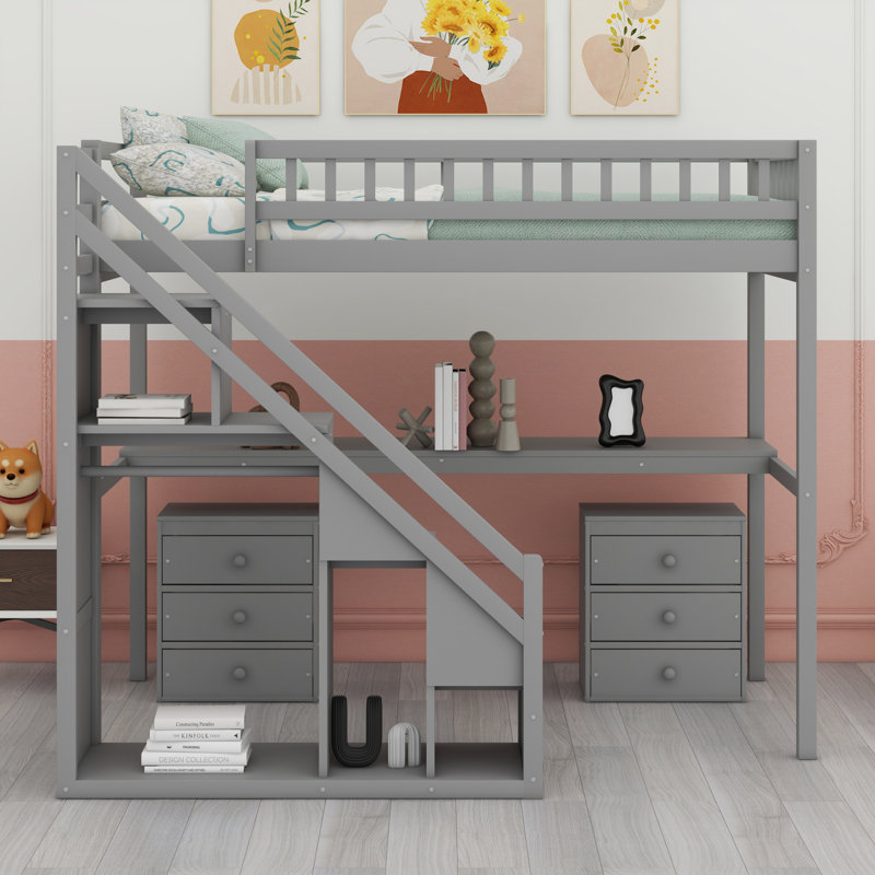 Lit mezzanine avec commode, bureau et bande lumineuse, Gris