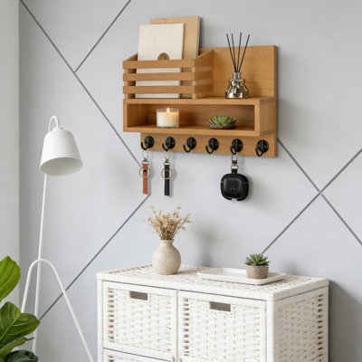 Wooden Wall Mount Key And Mail Holder With Storage Box And Hooks, Entryway Organizer For Keys, Coats, Leashes And Home Decor