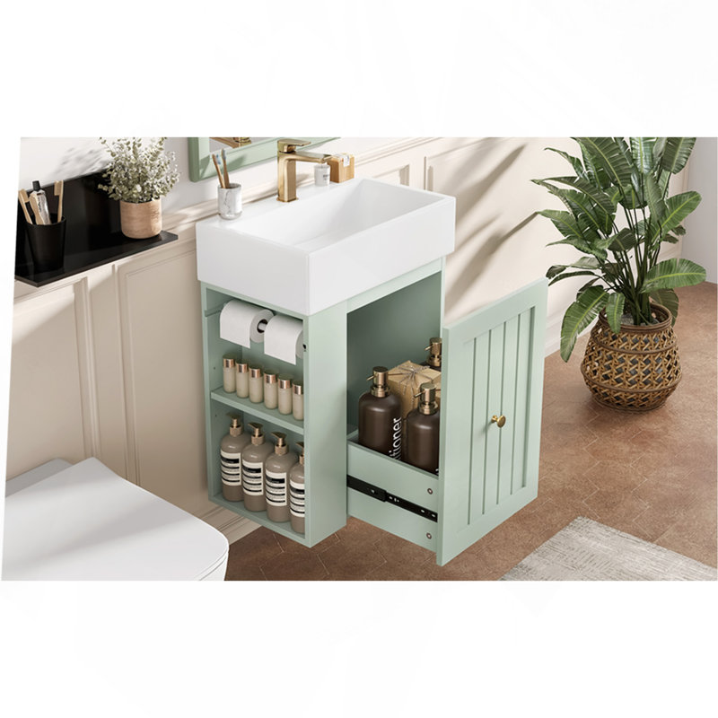 Meuble-lavabo de 20 pouces avec lavabo en céramique, armoire de rangement en panneau de fibres à densité moyenne avec tiroir, tablette latérale et poignée dorée - meuble-lavabo moderne pour les petites salles de bain