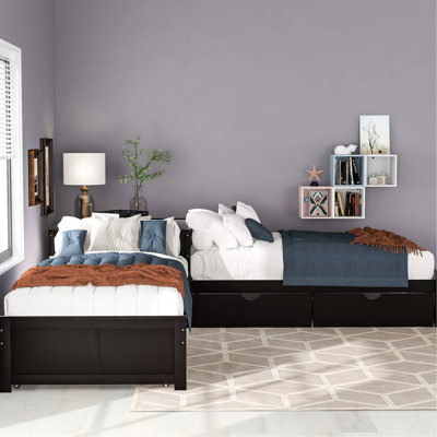 Twin L-Shaped Bed With Trundle And Drawer Space Saving Design In Rich Storage