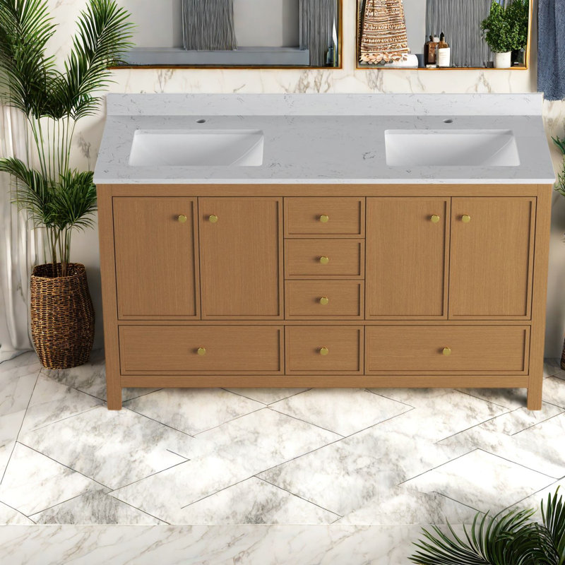 Meuble-lavabo moderne à double évier avec finition en bois, rangement spacieux pour la salle de bain