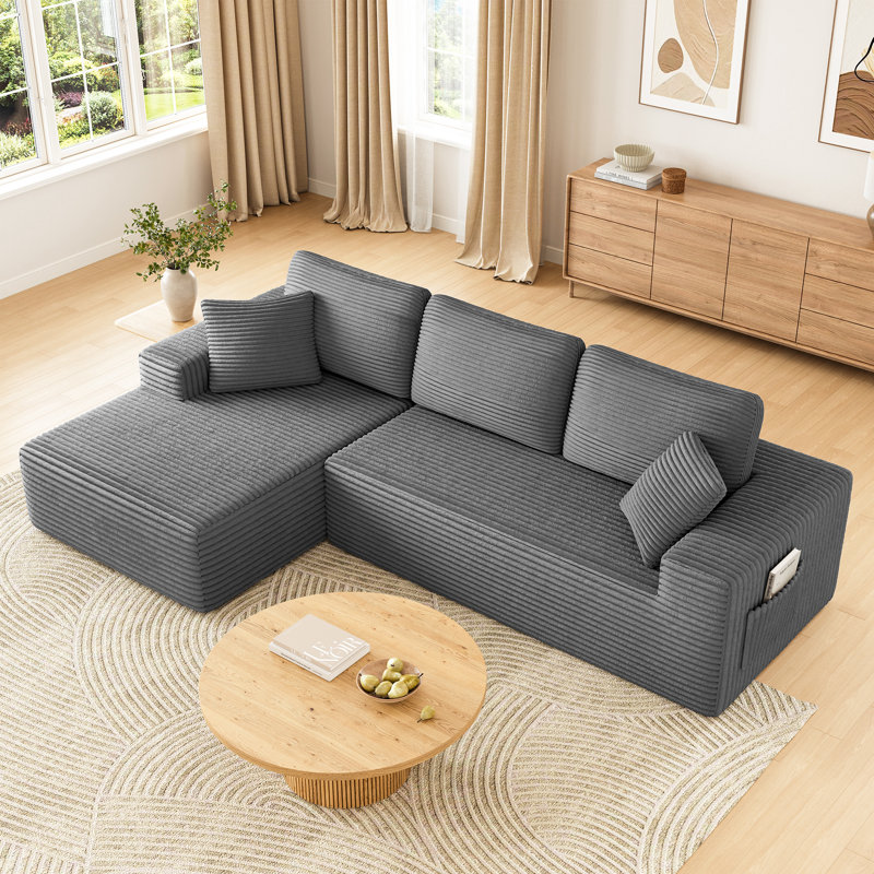 Modern 108-inch corduroy modular compression sofa with L-shaped design, Gray Corduroy, Left Hand Facing