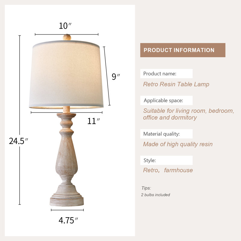 Lampe Kathyrne classique de 24,5 po de hauteur en résine rétro classique, convenant aux salons, aux chambres et aux bureaux