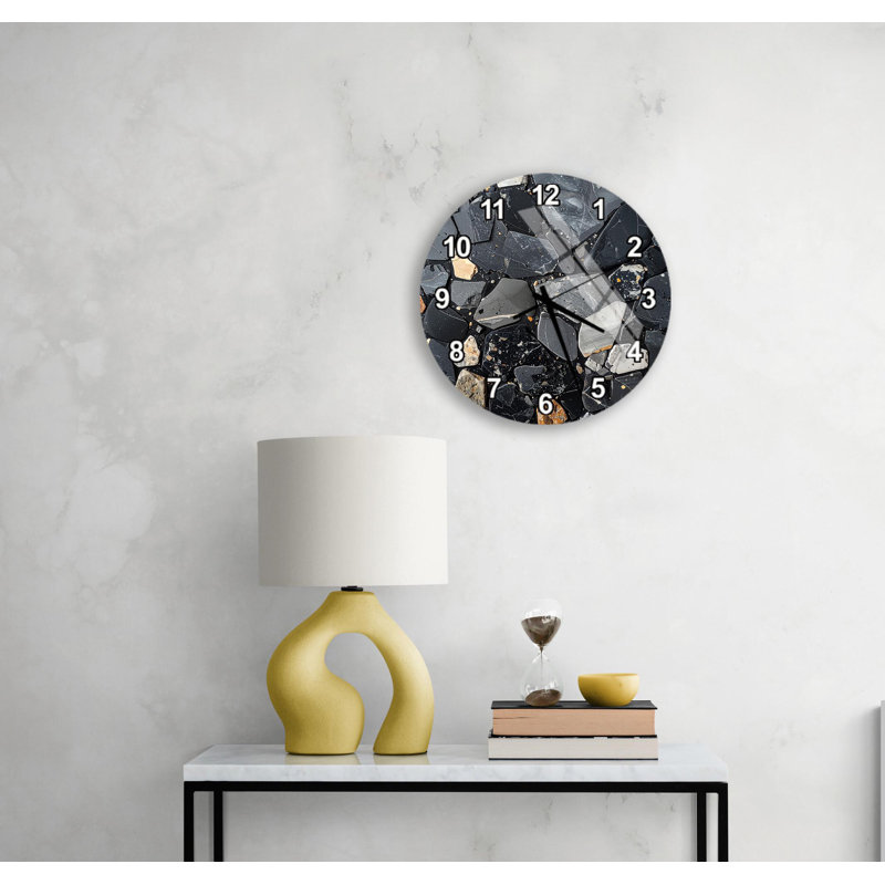 Horloge murale en marbre noir, décor industriel moderne en pierre, grande montre ronde en verre trempé, art de bureau à chiffres romains, cadeau de maison de luxe