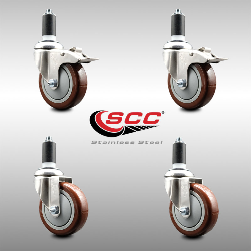 Ensemble de roulettes à tige pivotantes en polyuréthane marron de 4 pouces 316SS de 1-1 / 4 po