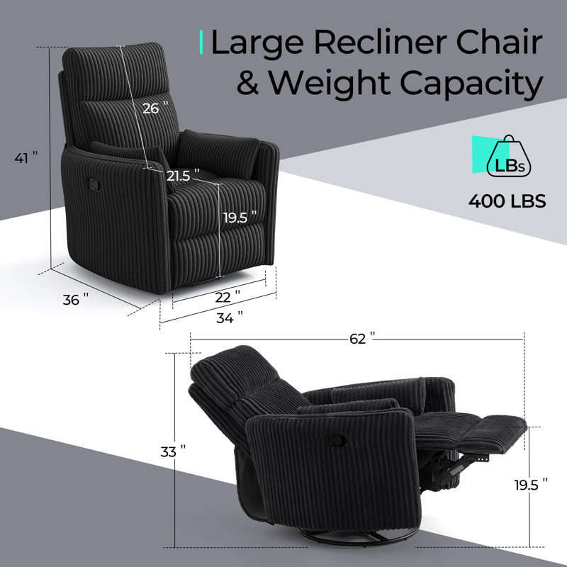  Fauteuil inclinable manuel berçant pivotant de 34 po Sherry (ensemble de 2), Effie - noir, Manual - Push Button