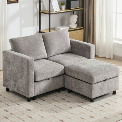 58”Modular Sectional Loveseat Sofa With Storage, Comfy Office L Shaped Sofa Couch, Chenille Love Seat Modular Sectional Couch With Movable Ottoman For