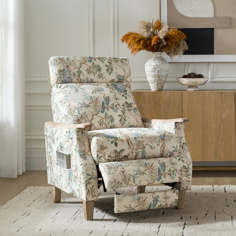 Adamsville Stripped Manual Recliner with Solid Wood Arms for Elderly, Beige Floral