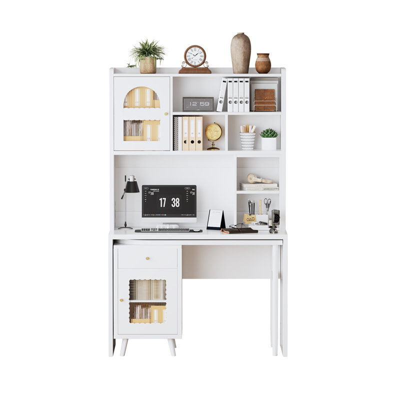 90° Rotating Computer Desk With Storage Drawers & Cabinets, Gaming & Writing Desk For Home Office, White