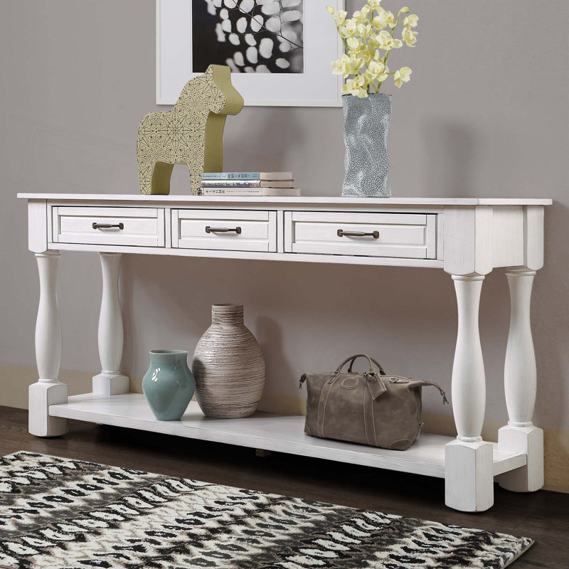 63" Long Wood Console Table With 3 Drawers And 1 Bottom Shelf For Entryway, Hallway, Blanc antique