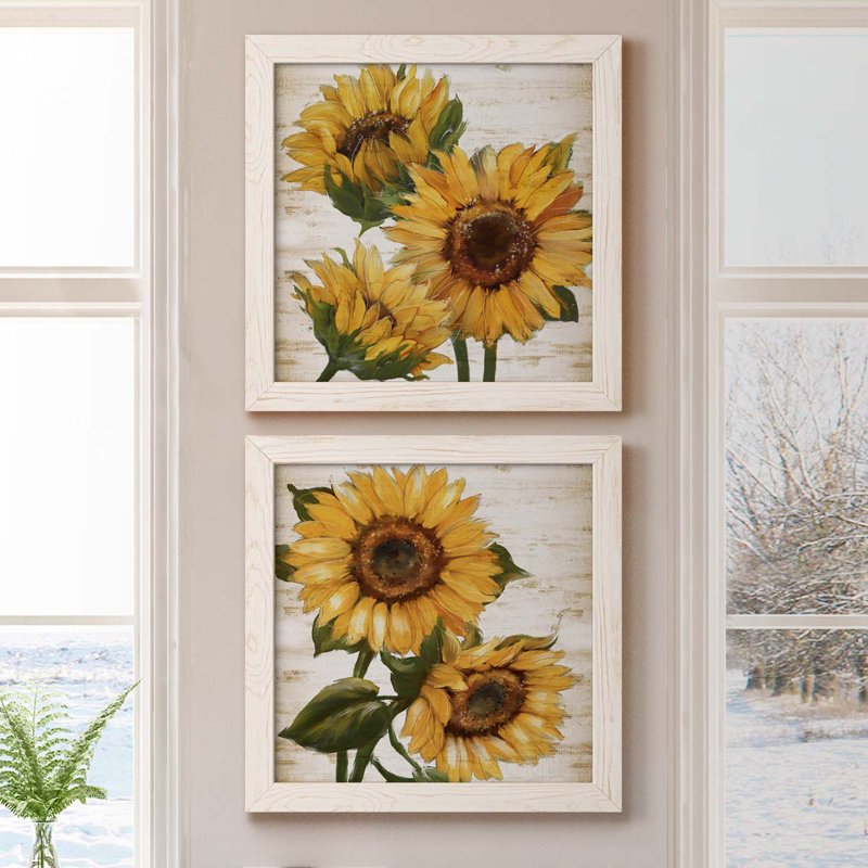 Tournesol d'été I - ensemble de 2 peintures sur toile encadrées, H 17 po x l 34 po x P 1,5 po, Cadre blanc
