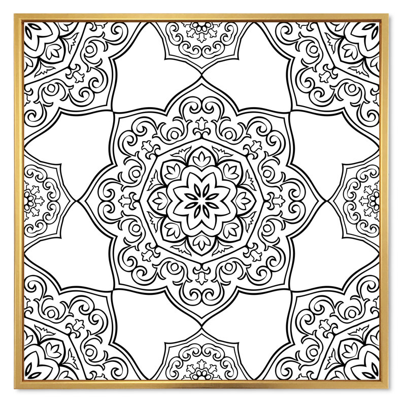 Mandala gris sur blanc - Impression sur toile, Cadre doré, H 31 po x l 31 po