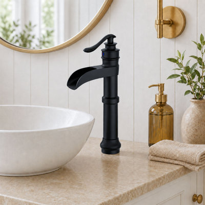 Deluge Waterfall Vessel Matte Black Single Hole, Single Handle With Drain Assembly