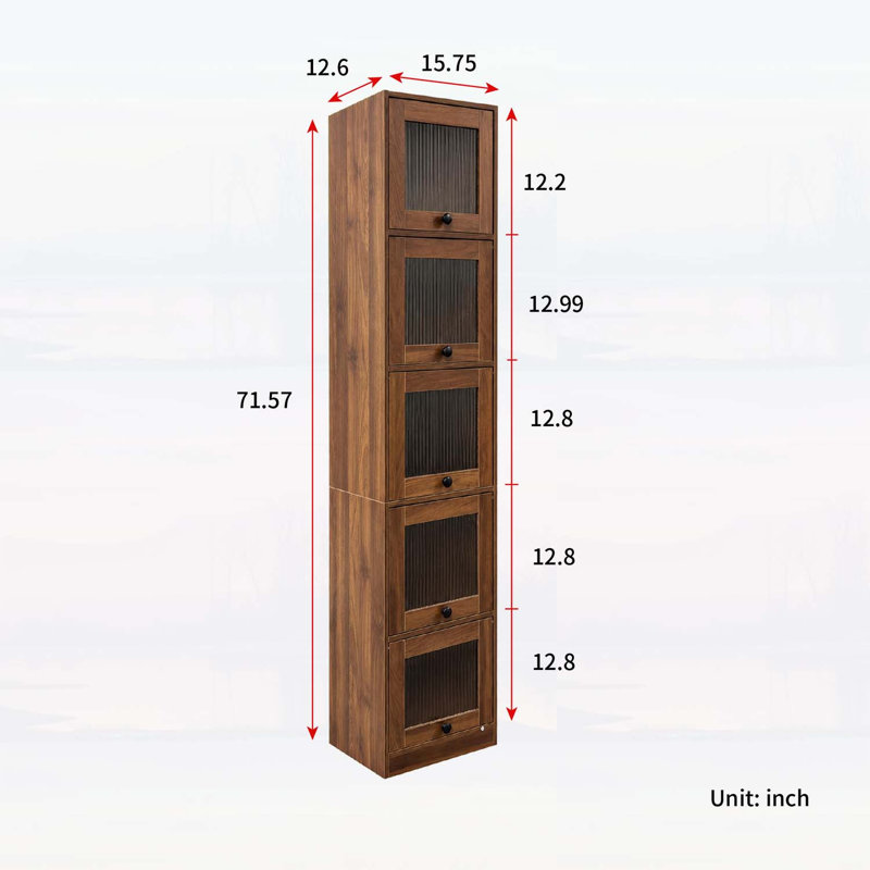Bibliothèque haute et étroite à 5 niveaux avec portes vitrées relevables, meuble de rangement autoportant pour petits espaces