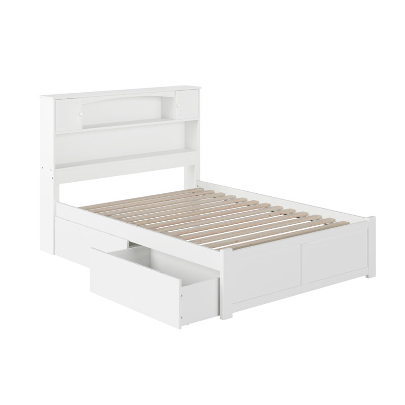 Casandra Solid Wood Platform Bed with Panel Footboard, Storage Drawers & USB Charger, Full, White