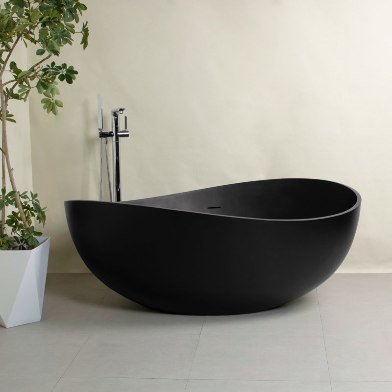 63 Inch Freestanding Solid Surface Soaking Bathtub, Satin Black
