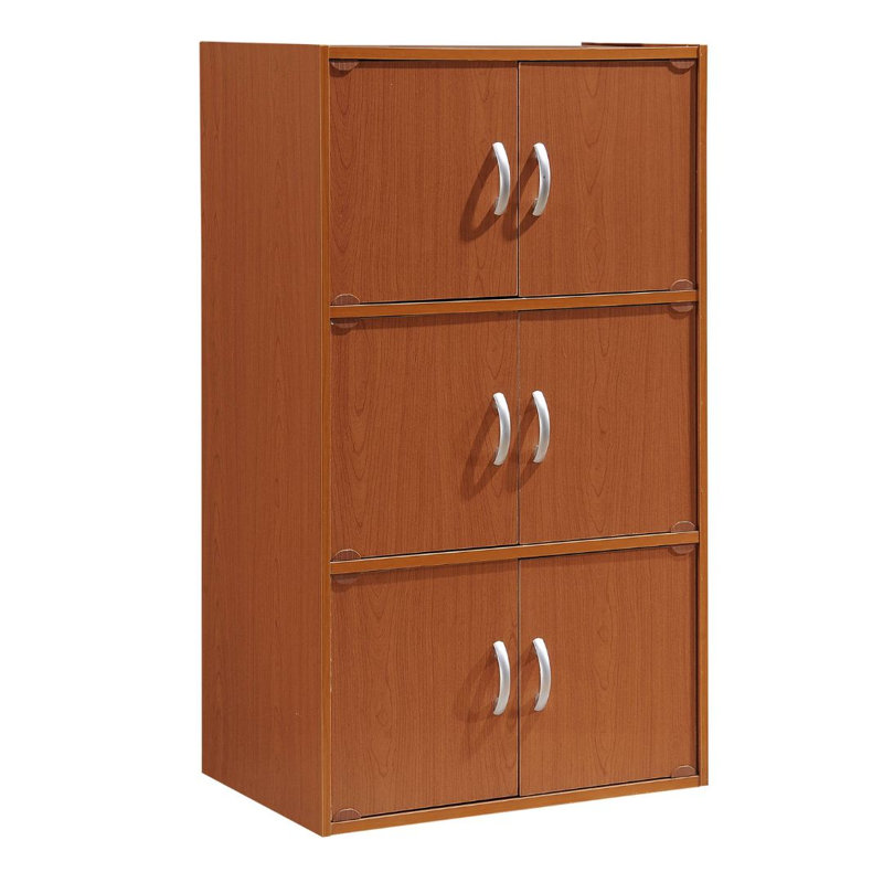 6-Doors, 3-Shelf Bookcase 40.8 in. Tall Enclosed Storage 3-Tier Bookshelf for Home or Office, Cherry