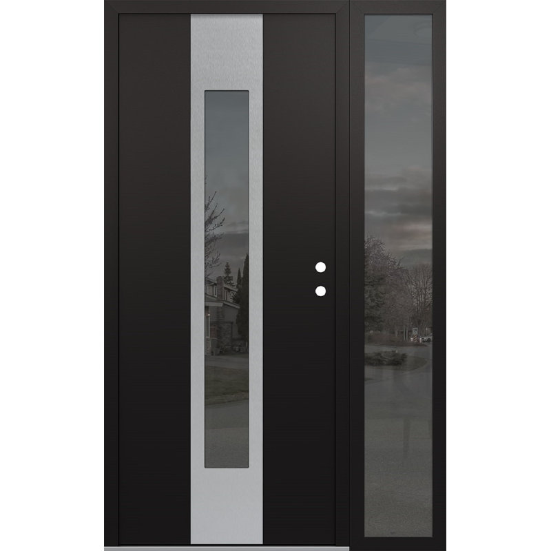 Porte d'entrée pré-suspendue en acier argenté avec panneau latéral droit Diamond A., L 50 po x H 80 po, Noir, Miroitant