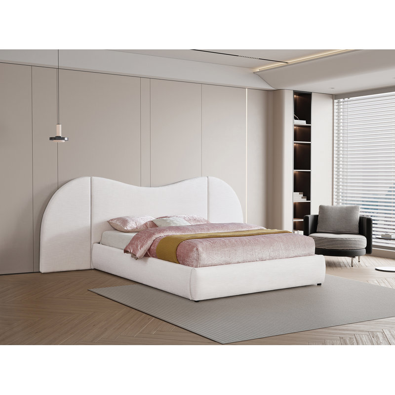 Lit à panneau tapissier Hyrup, Tissu texturé en lin blanc, King