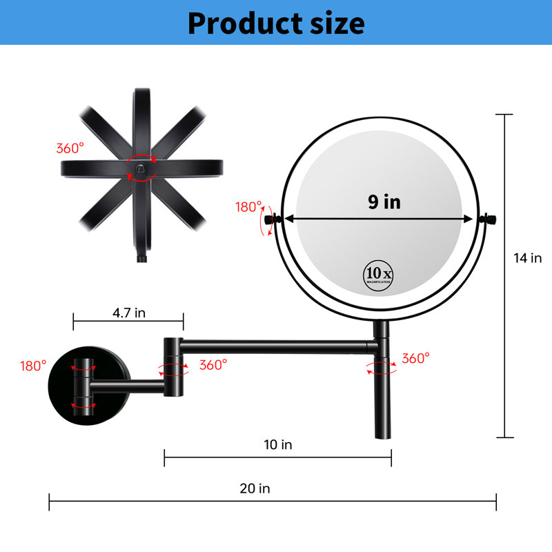 Miroir de maquillage mural à DEL de 9 po avec grossissement X1 / X10, miroir de maquillage à 3 lumières DEL