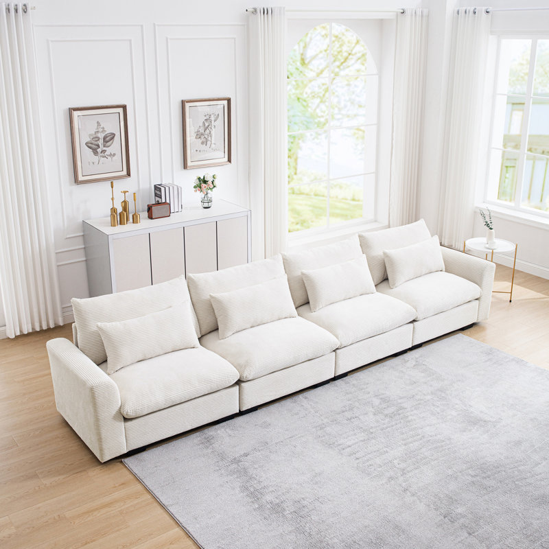 Canapé 4 places en velours côtelé beige pour le salon - Mobilier de détente à assise profonde et coussin moelleux, Beige