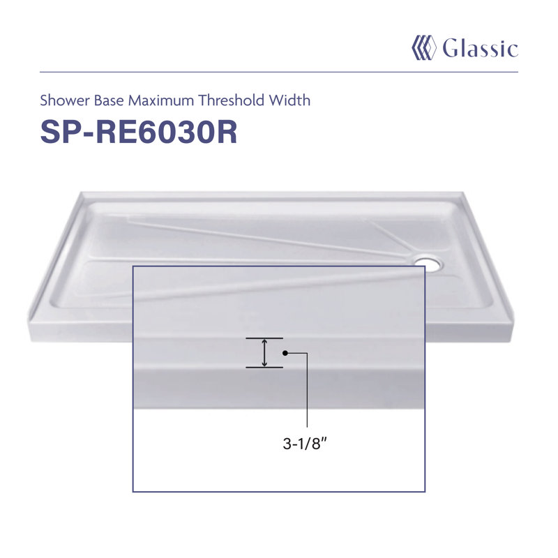 60"W X 30"L X 4"H Rectangular Right Drain Acrylic Shower Base | Low Profile | Non-Slip Design| White Color For Modern Bathrooms