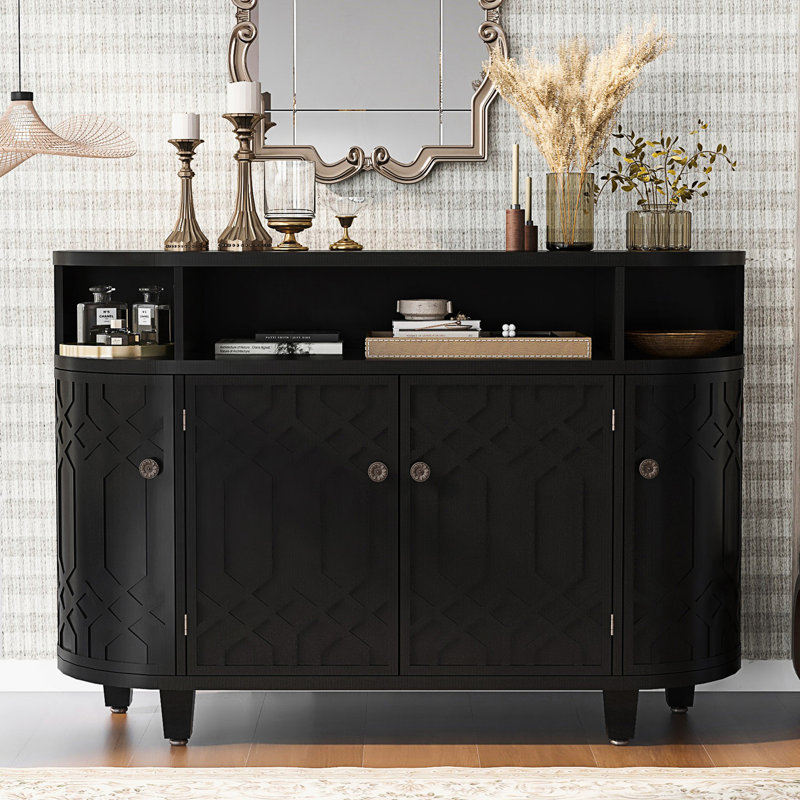 Buffet décoratif, armoire de rangement courbée avec quatre portes, Noir
