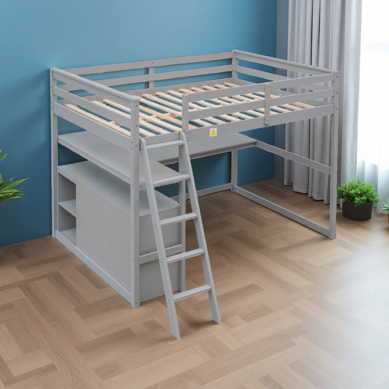 Lit mezzanine double avec bureau et tablettes, deux tiroirs intégrés, Gris, Lit double