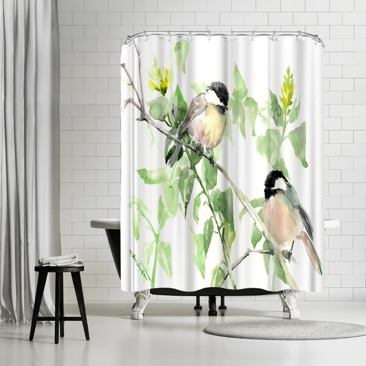 Bless international 71 x 74 Shower Curtain, Chickadees by Suren Nersisyan