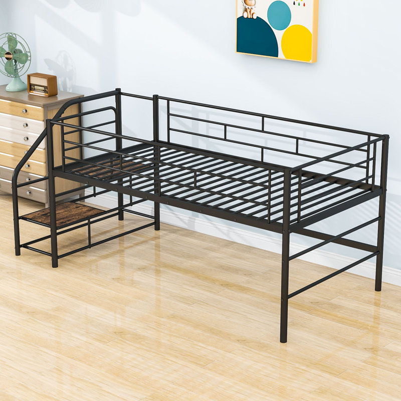 Gratiana Twin Size Metal Loft Bed Frame With Storage Stairs, Black