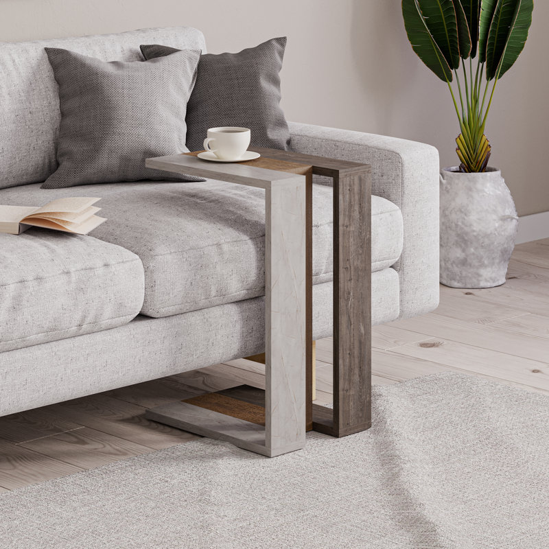 Madelyn Modern Compact C Shape Side Table, White Marble/Oak/Gray