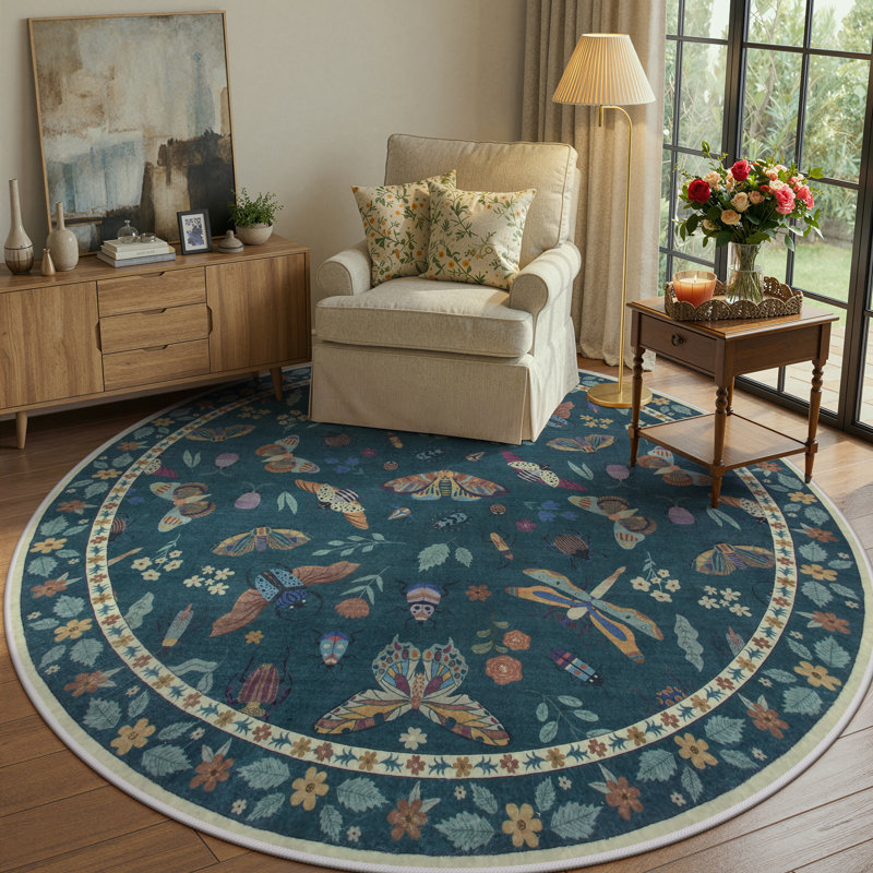 Goldene Animal & Insect Machine Washable Area Rugs with Non-Slip Backing for Living Room, Dining Room, Bedroom, Round 6'