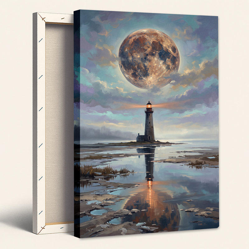 Phare sous une lune géante sur fond d'eau réfléchissante - Tableau mural sur toile, 36"H x 24"W