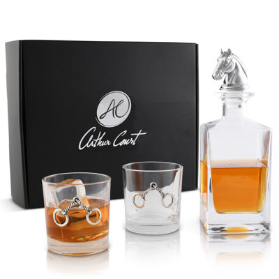 Equestrian Glass Whiskey Decanter with Pair of Bit Double Old Fashion Glasses