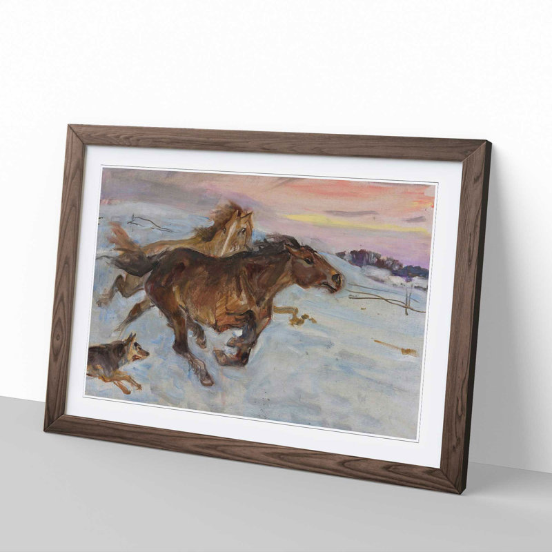 Escape of the Horses by Wojciech Kossak - Picture Frame Painting, Walnut Framed, 48cm H x 65cm W x 2cm D