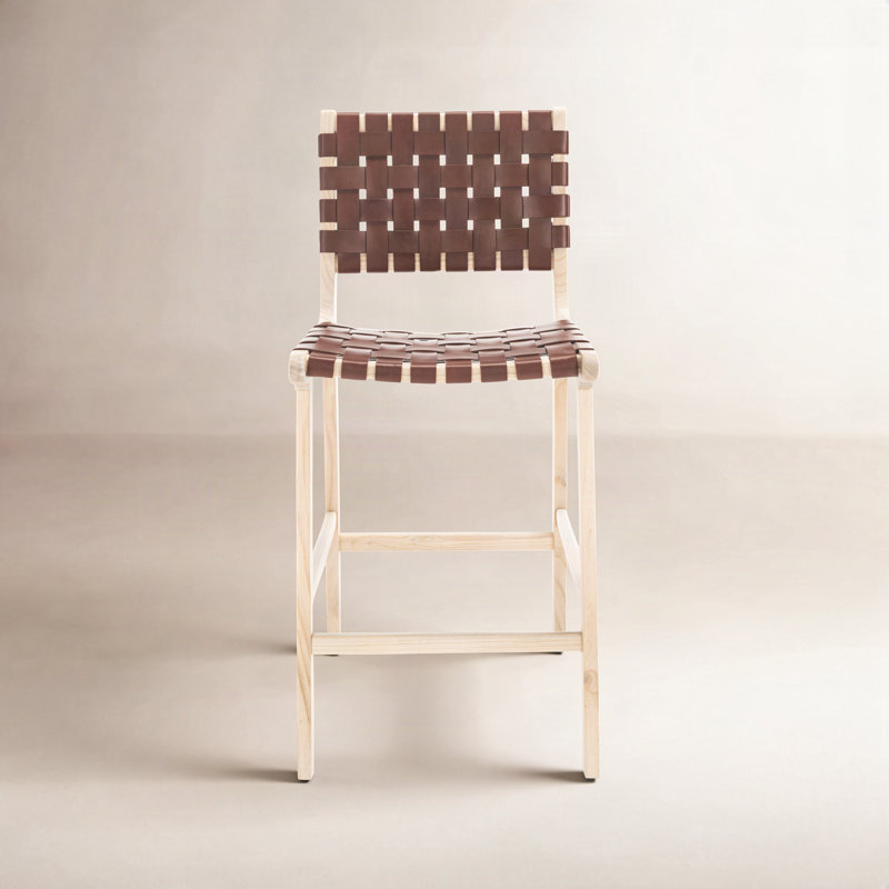 Tabouret Alston, Cuir cognac / cadre naturel sans finition, Tabouret de comptoir (siège d'une hauteur de 27,1