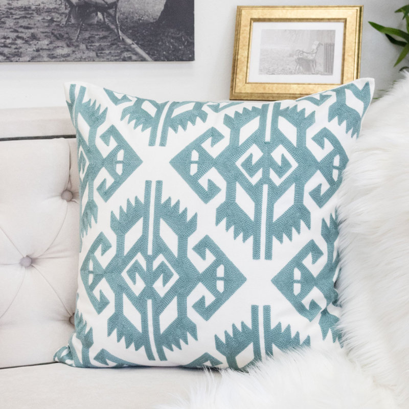 Geometric Cotton Throw Pillow, Teal