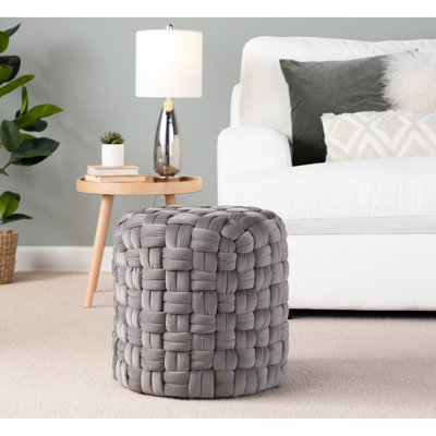 Braided Round 16" Ottoman In Dark Grey Velvet