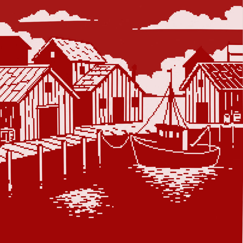 Pixel Art Harbor Scene Comforter, Queen, Dark Red White