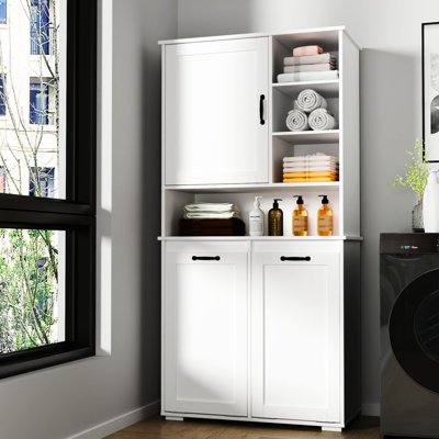 Armoire de rangement pour buanderie autoportante - portes, tablette, panier inclinable, facile d'entretien, blanc, tablette réglable avec rangement multiple, autoportante, réglable, finition blanche
