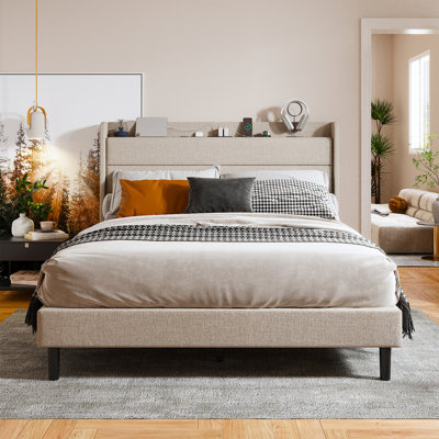 Structure de lit double tapissier en lin avec tête de lit double, structure de lit tête de lit à oreilles à rayures moderne avec ports de charge et support à lattes de bois, aucun sommier nécessaire, confortable et silencieux, assemblage facile, beige