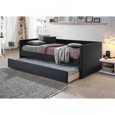Beautiful 1pc Modern Daybed Tufted Nailhead Trim Armrest Pull Out Trundle Bedroom Living Room Furniture Black Finish