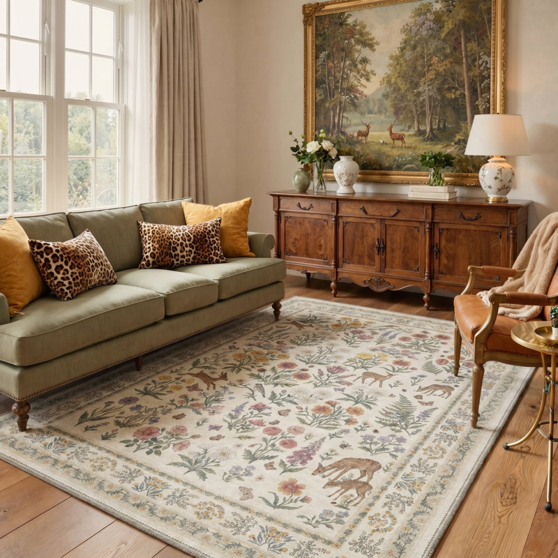 Alessio Floral Deer Vintage Machine Washable Beige / Green Indoor Area Rug with Non-Slip Backing, Round 5'