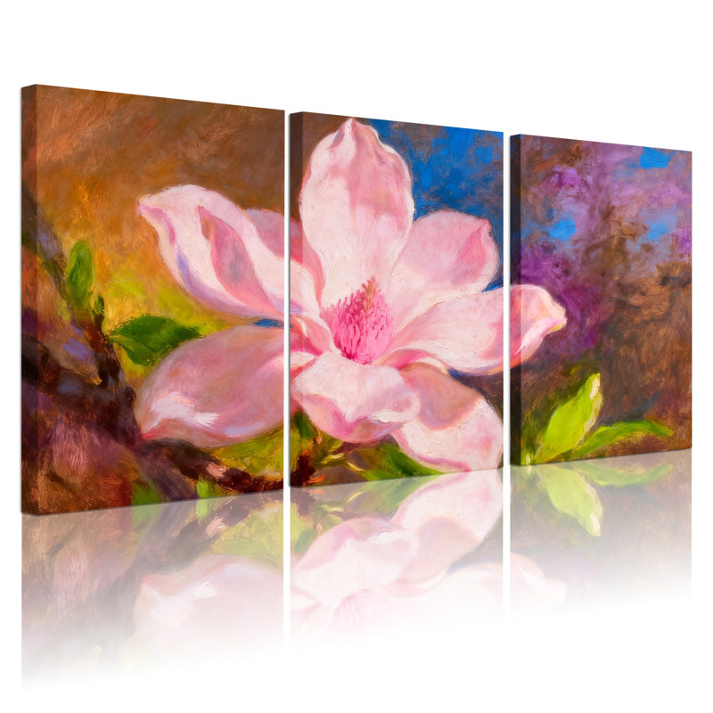 Ensemble de 3 tableaux muraux sur toile tendue représentant des fleurs de magnolia rose, H 30 po x l 60 po