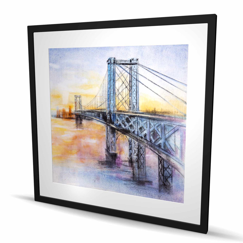 Abstrait Brooklyn Bridge, reproduction encadrée, Bleu; jaune; orange, Noir
