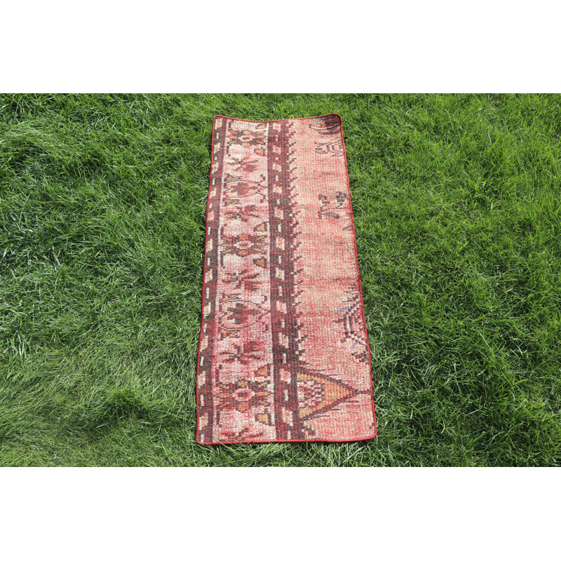 Handcrafted Red Turkish Runner Rug with Geometric Patterns for Bohemian Home Decor