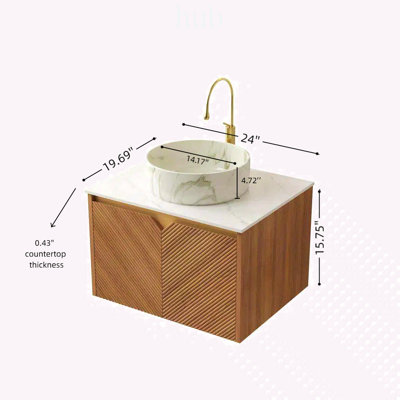 Meuble-lavabo de 61 cm avec lavabo intégré, armoire de rangement suspendue en contreplaqué avec portes doubles en sergé et garniture métallique, lavabo rond en céramique à motif pierre mate et comptoir en pierre frittée